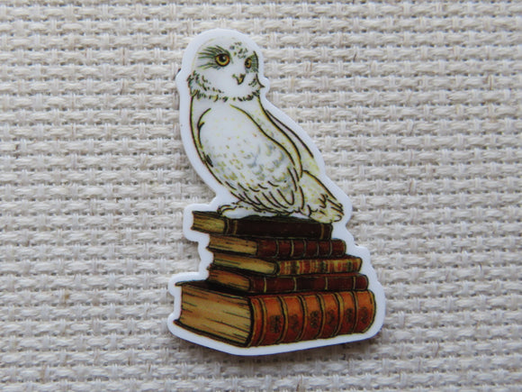 A white owl sitting on top of books minder.