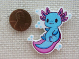 Second view of Blue and Pink Axolotl Needle Minder.