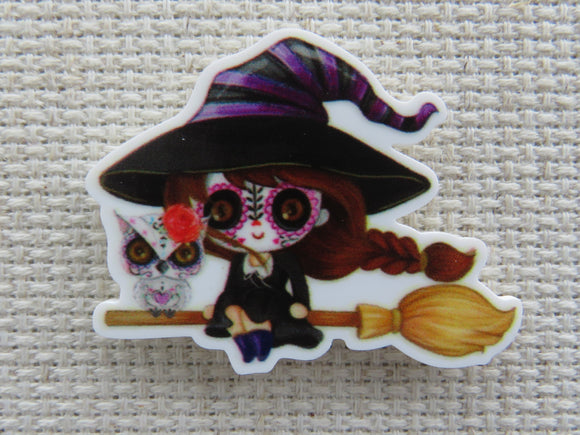 First view of Sugar Skull Witch with an Owl Needle Minder.