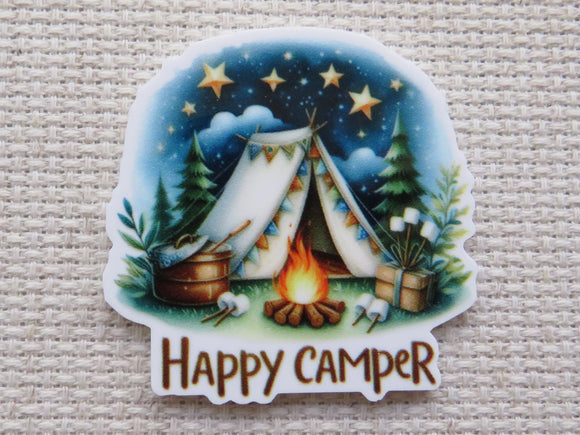 First view of Peaceful camping scene with a tent covered in flags, a campfire, marshmallows ready for roasting, with stars in the night sky minder.
