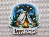 First view of Peaceful camping scene with a tent covered in flags, a campfire, marshmallows ready for roasting, with stars in the night sky minder.
