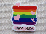 First view of Rainbow flag with pink hearts and the words "Happy Pride" minder.