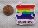 Second view of Rainbow flag with pink hearts and the words "Happy Pride" minder.