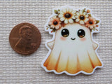 Second view of Adorable ghost with a yellow and orange floral crown minder.