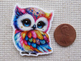 Second  view of rainbow colored bedazzled owl minder.