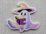Cartoon ghost character with a witch hat reading a book minder.