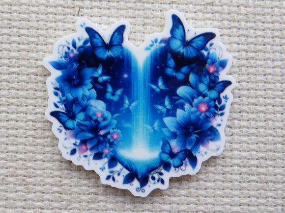 First view of Blue Butterfly Waterfall Heart Needle Minder.