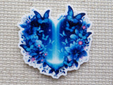 First view of Blue Butterfly Waterfall Heart Needle Minder.