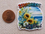 Minder with sunflowers, beach and 'Sunshine on My Mind' text next to a penny for size comparison.