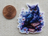 Minder of an owl with books and flowers next to a penny.