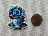 Second view of Blue Floral Teacup Needle Minder