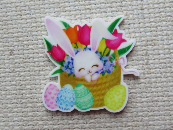 First view of Bunny in a Tulip Basket Needle Minder.