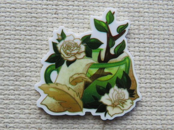 First view of White Rose Teacup Needle Minder.