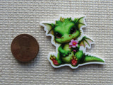 Second view of Green Dragon with a Pink Flower Needle Minder.