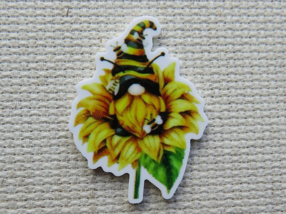 First view of Bee Gnome in a Sunflower Needle Minder.