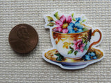 Second view of Beautiful Floral Teacup Needle Minder.
