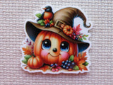 Cartoon pumpkin with a witch hat and autumn decorations minder with a robin friend.