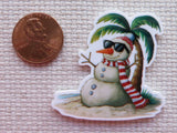 Minder of a tropical snowman with sunglasses and a palm tree next to a penny for scale.