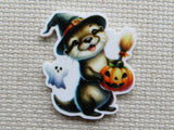 Halloween-themed minder of an otter in a witch hat with a pumpkin and ghost.