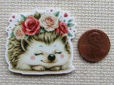 Minder of a hedgehog with flowers next to a penny on a textured surface