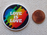 Round rainbow-colored minder with 'LOVE IS LOVE' text next to a penny on a textured surface