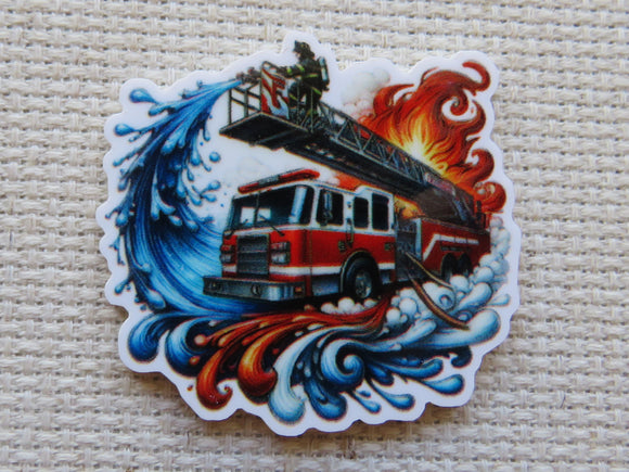 Minder of a fire truck with flames and water on a textured background