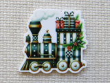 Decorative minder of a vintage train with Christmas-themed elements on a textured beige background