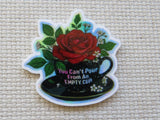 Minder with a red rose and teacup design on a textured surface