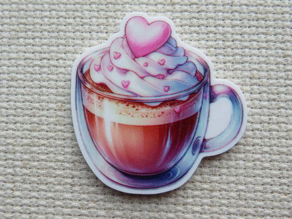 First view of Yummy Looking Cup of Coffee/Cocoa with a Pink Heart Needle Minder.
