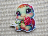 Colorful cartoon turtle minder holding a rose on a textured gray background