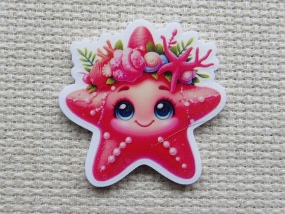 Cartoon starfish minder with floral crown on a textured beige background