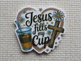 Minder with 'Jesus fills my cup' text, cross, and drink illustration on a textured background