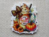 Minder with a coffee cup, pumpkins, and 'It's Fall Ya'll' text on a textured background