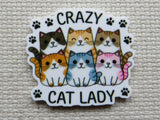 First view of a minder with Six different colored cats with black paw prints and the words "CRAZY CAT LADY".