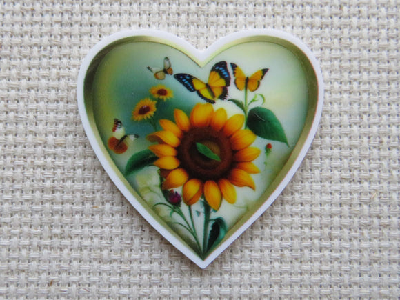 First view of Sunflowers and Butterflies in a Heart Needle Minder.