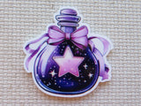 Minder of a purple potion bottle with a star on a textured beige background
