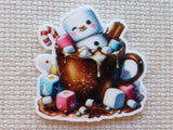 Minder of a snowman in a hot chocolate mug with marshmallows and candy on a textured surface
