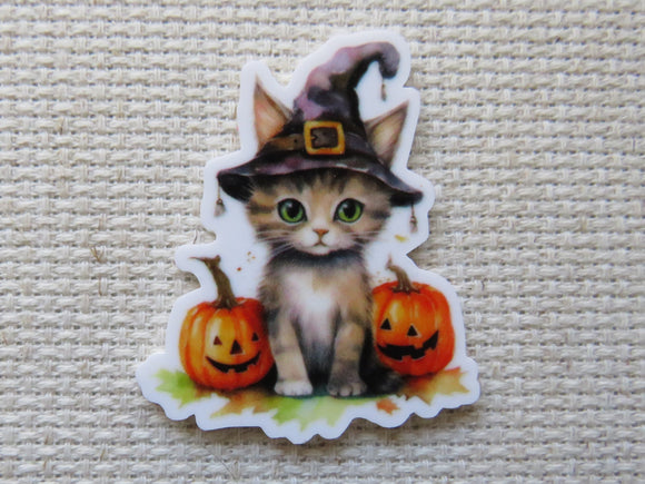 First view of Cute Tabby Cat Sitting with Pumpkins Needle Minder.