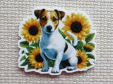 Minder of a dog surrounded by sunflowers on a textured beige background