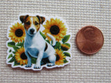 Minder of a dog surrounded by sunflowers next to a penny for scale on a textured surface.
