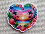 Colorful tropical scene minder with shells and palm trees on a textured surface