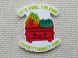 Minder with a cartoon-style dumpster fire and text 'It's fine, I'm fine. Everything's fine' on a textured background.