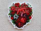 Minder with red roses, heart design, and 'Cardiac Nurse' text on a textured beige background