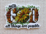 Minder with sunflower, 'with God all things are possible' text on textured background