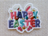 First view of Minder with the words "HAPPY EASTER" in a variety of colors with bunny ears over the top and bunny feet sticking out the bottom. 