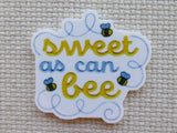 Minder with 'sweet as can bee' text and bee illustrations on a textured fabric background