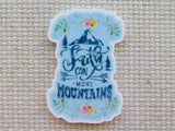 Minder with 'Faith can move mountains' text on a textured beige background