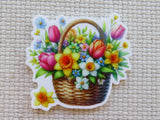 Minder of a wicker basket filled with colorful flowers on a textured beige background