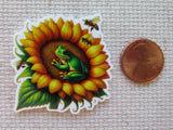 Minder of a frog on a sunflower with bees, next to a penny for scale, on a textured surface.