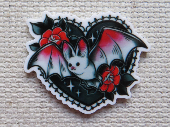 First view of Cute Red Bat in a Black Sky Heart Needle Minder,.